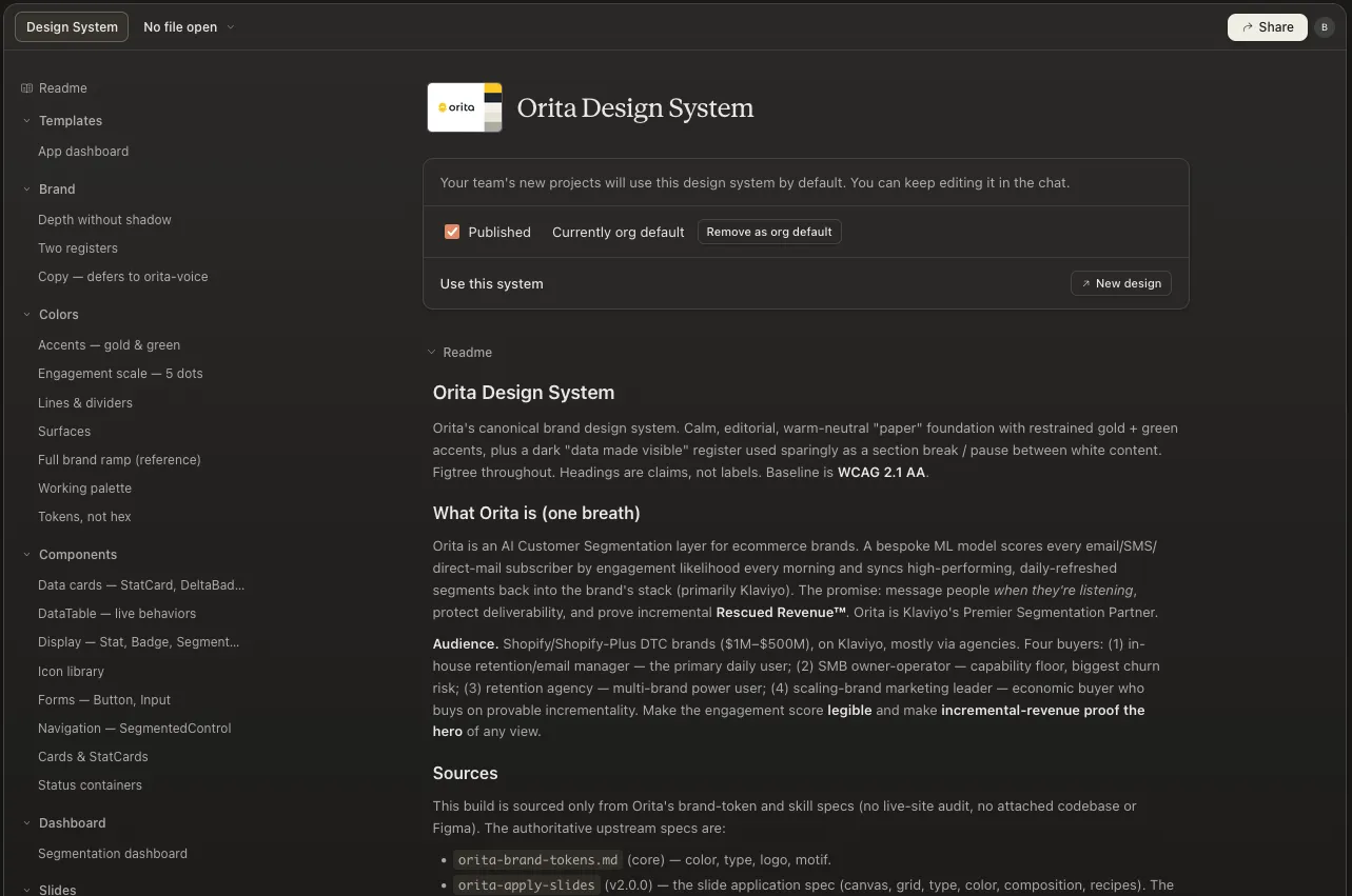 The Orita Design System project in Claude Design: the readme describing the paper and data-made-visible registers, and a status panel reading Published, Currently org default.
