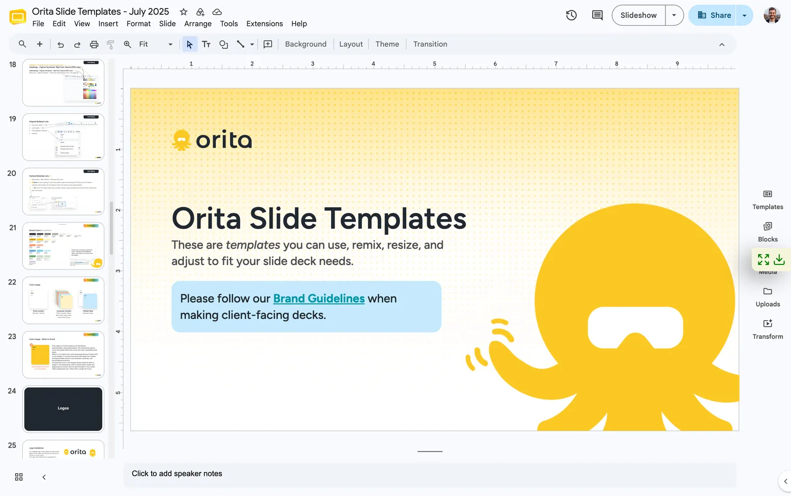 The Orita Slide Templates deck, July 2025: a cover slide with the octopus mascot and the note to follow the brand guidelines when making client-facing decks, with template slides for typography, lists, and color usage in the sidebar.