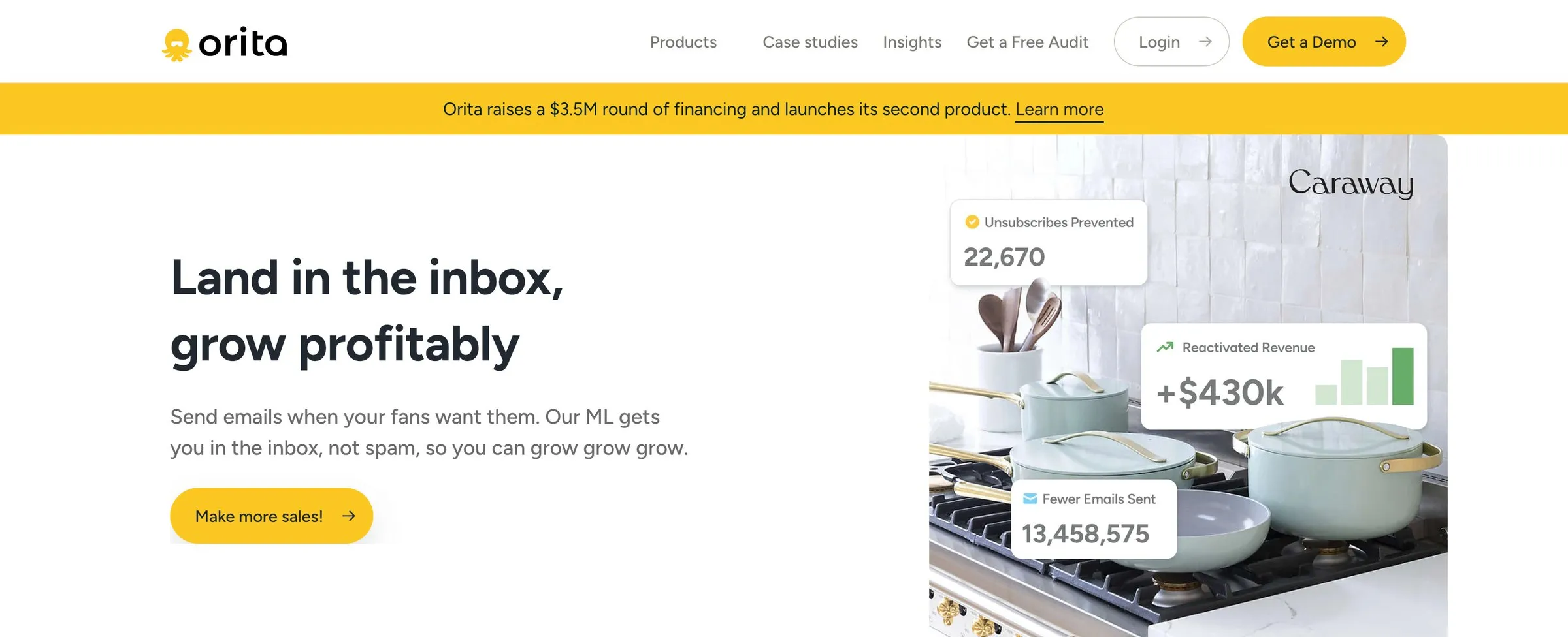 The 2024 homepage as handed over: a yellow announcement bar, the headline Land in the inbox, grow profitably, a yellow Make more sales button, and a hero photograph of cookware with floating stat cards.