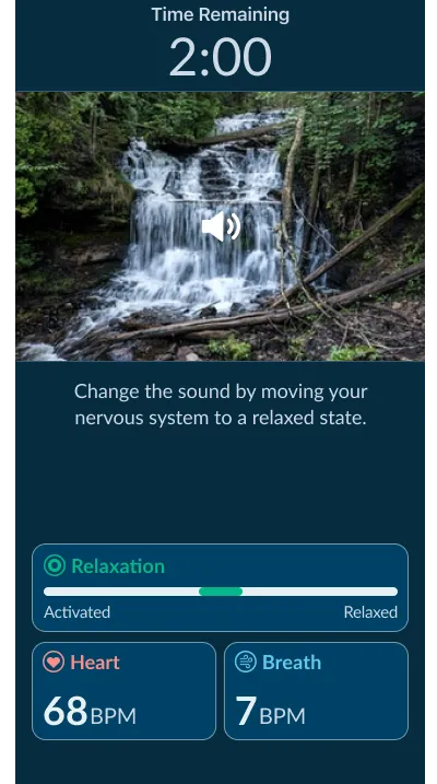 The same audible game with 2 minutes remaining: the waterfall now bright and clear, heart rate 68 BPM, breath rate 7 BPM, and the relaxation indicator near Relaxed.