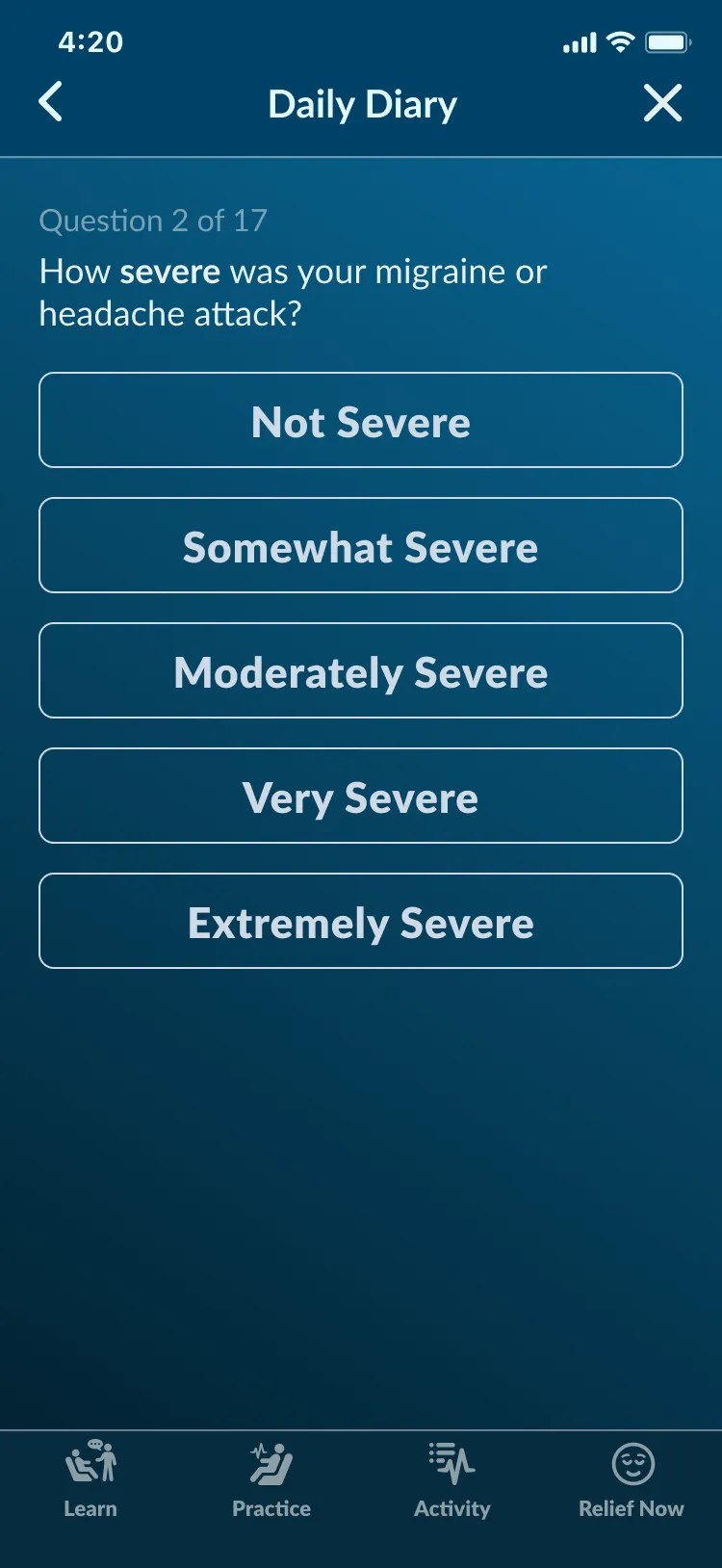 The Daily Diary severity-scale question: How severe was your migraine or headache attack? with five answer buttons from Not Severe to Extremely Severe.