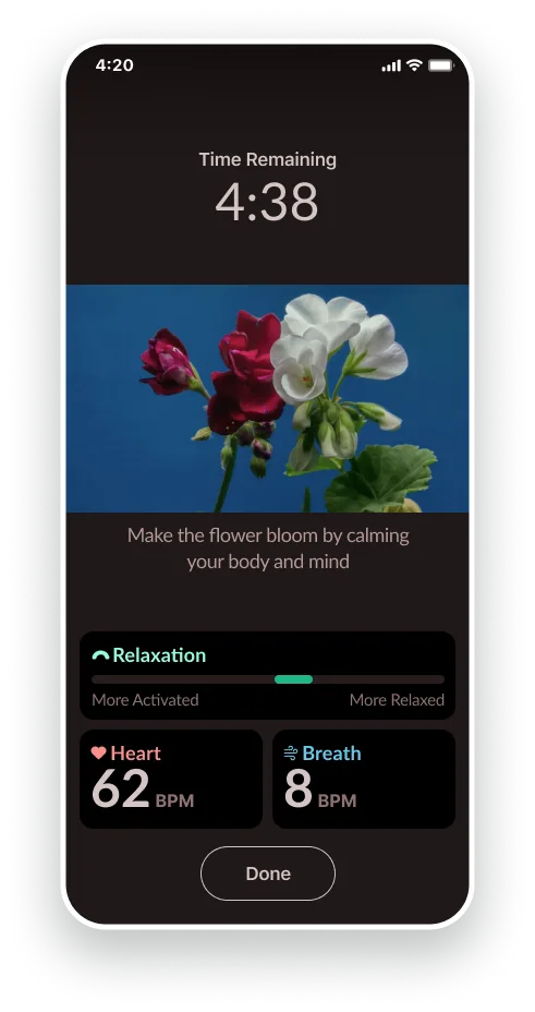 A Juva game screen: 4 minutes 38 seconds remaining, a video of flowers blooming, the instruction Make the flower bloom by calming your body and mind, the relaxation bar sitting between More Activated and More Relaxed, heart rate 62 BPM, breath rate 8 BPM, and a Done button. No score anywhere.