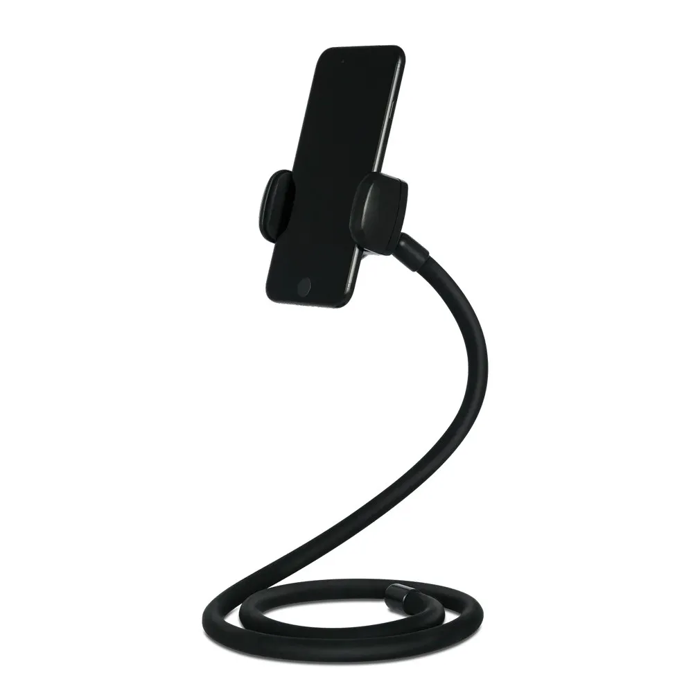 Product photo of a black gooseneck phone holder: a flexible arm about two feet long, coiled at the base, with a spring clamp at the top holding a phone upright.
