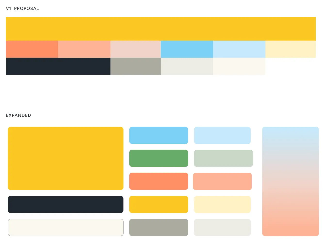 The outside designer's V1 palette proposal: a wide yellow band over coral, peach, sky blue, pale blue, and cream swatches, a dark charcoal, and greys; below it an expanded set of rounded swatches with a peach-to-blue gradient.