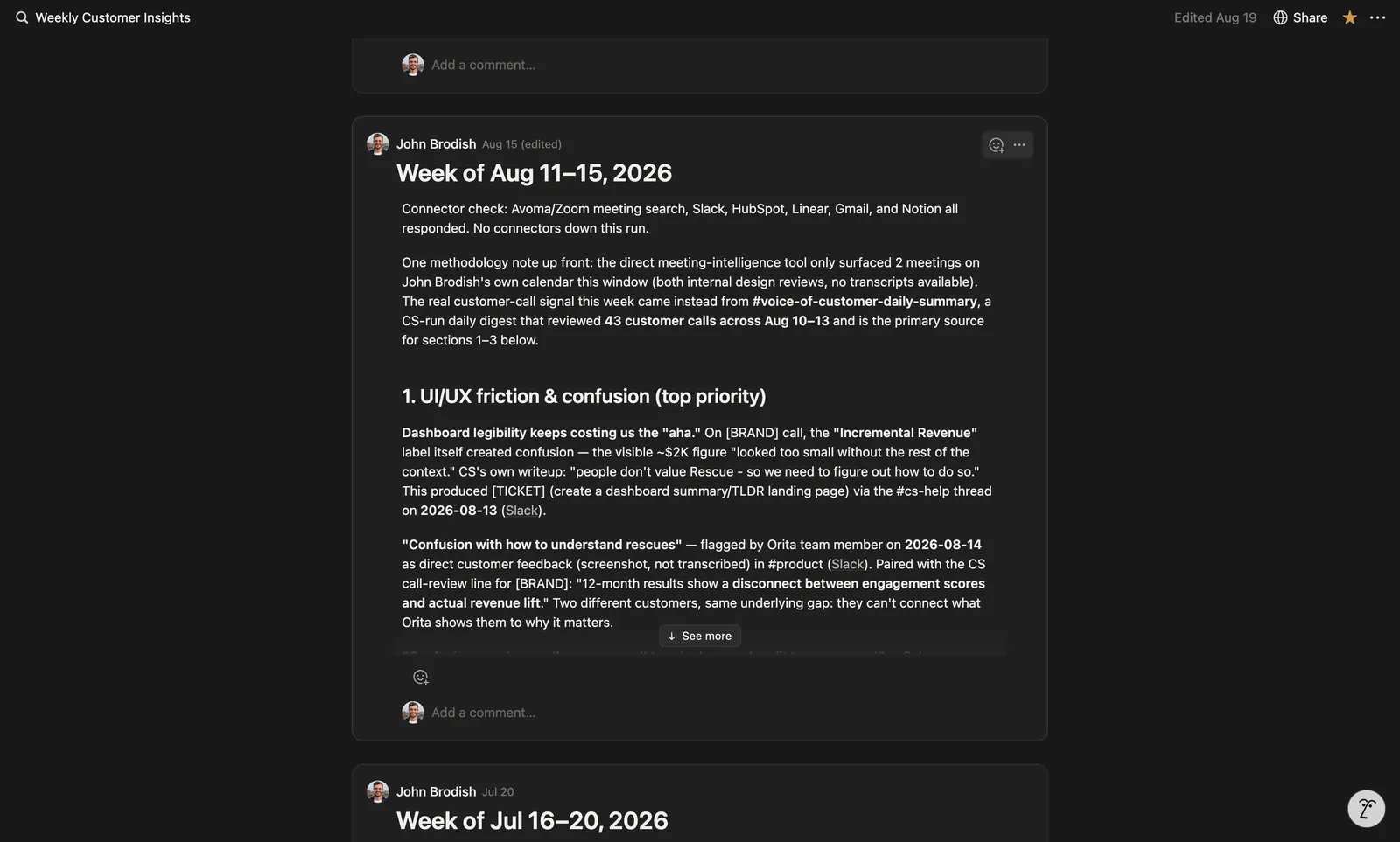One entry of the Weekly Customer Insights digest, posted by me on Aug 15: the week of Aug 11 to 15, 2026. A connector check across the meeting-search, Slack, HubSpot, Linear, Gmail and Notion sources; a methodology note that the week's customer-call signal came from a CS-run daily digest reviewing 43 calls; then section one, UI/UX friction and confusion, top priority. Its first finding: dashboard legibility keeps costing us the aha — on a customer call the Incremental Revenue label itself created confusion, the visible figure looked too small without the rest of the context, and a ticket to create a dashboard summary landing page followed. Its second: confusion with how to understand rescues, paired with a call-review line about a disconnect between engagement scores and actual revenue lift; two different customers, the same underlying gap. Customer and ticket names are replaced by placeholders.